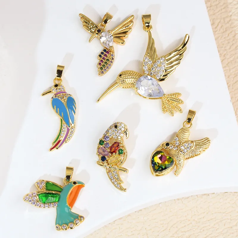 Hummingbird Parrot Bird Pendant Charms Copper Gold Plated Colorful Cubic Zirconia Enamel Jewelry Making Accessories Women