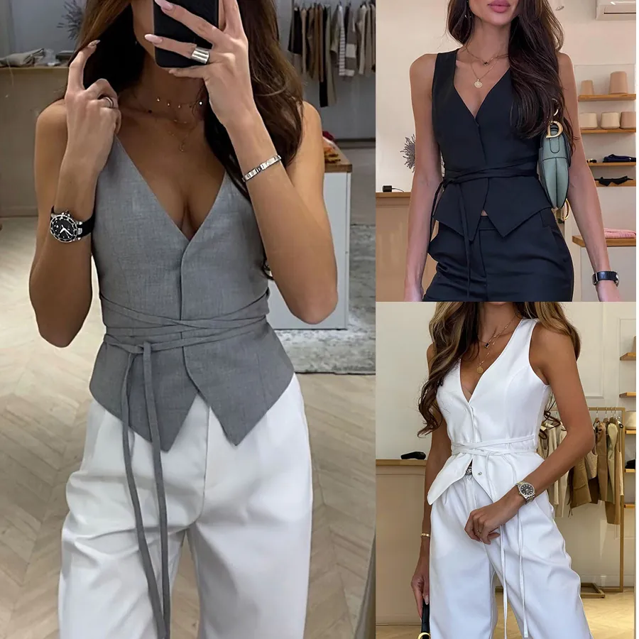 Haut de Gilet à Lacets sans Manches à Col en V pour Femmes Haut de Mode de Vacances d'Été à Taille Réglable Couleur Unie