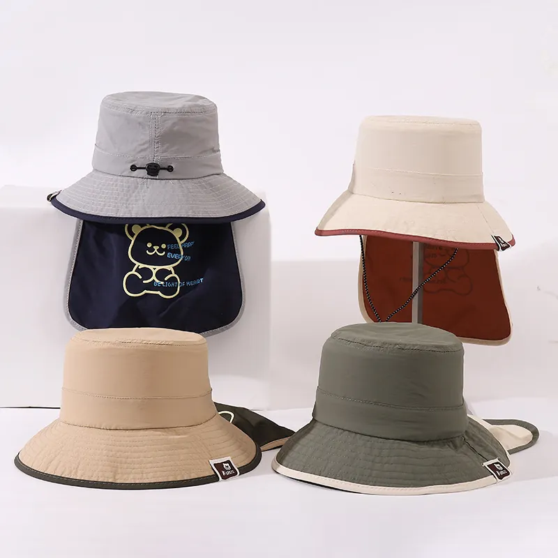 Kids Sun Protection Hat Cotton Fisherman Cap With Neck Flap Adjustable Wind Rope Cartoon Bear Outdoor Bucket Hat