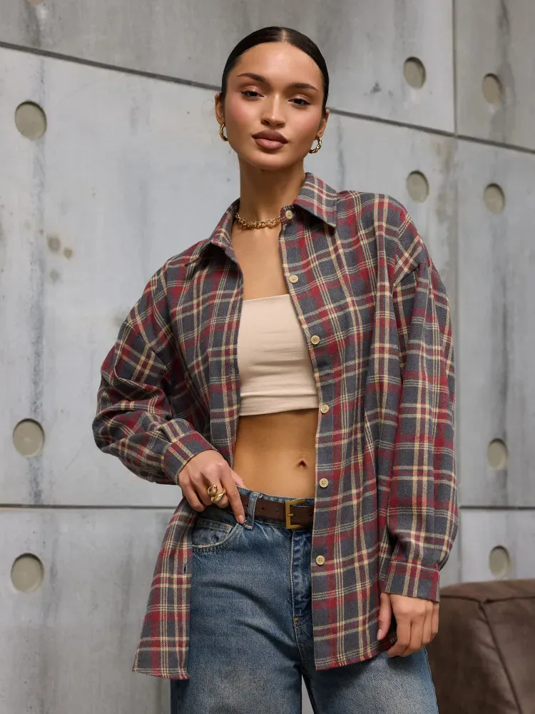 Women Vintage Plaid Shirt Oversized Long Sleeve Button Down Blouse Casual Loose Polyester Cotton Top