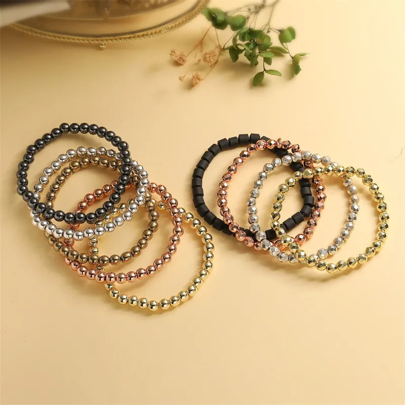 Bracelet En Perles D'Hématite Vintage Pierre Naturelle Élastique Bijoux Homme Femme Minimaliste Lisse Facetté Perles Polies