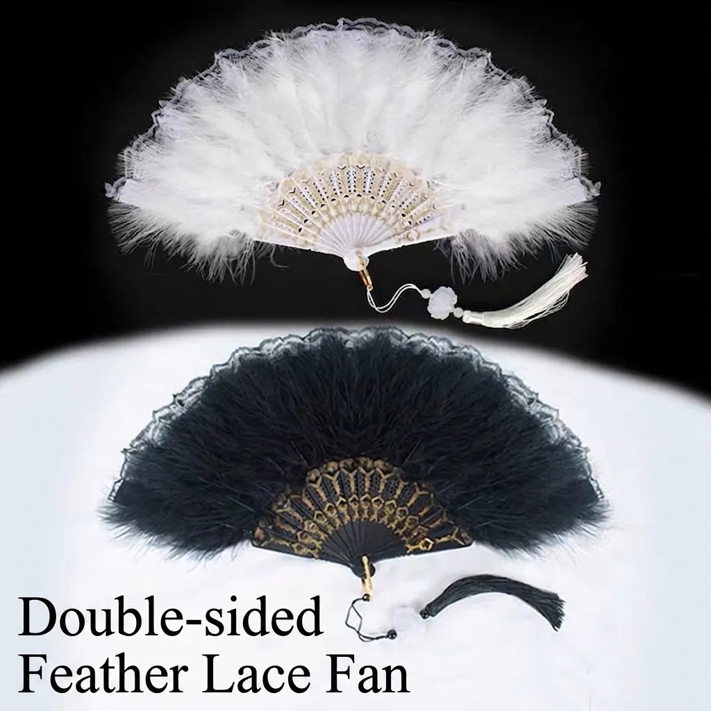 Éventail Pliant En Plumes Vintage Avec Pompon En Dentelle Os Sculpté En Or Élégant Pour Mariage Fête Spectacle