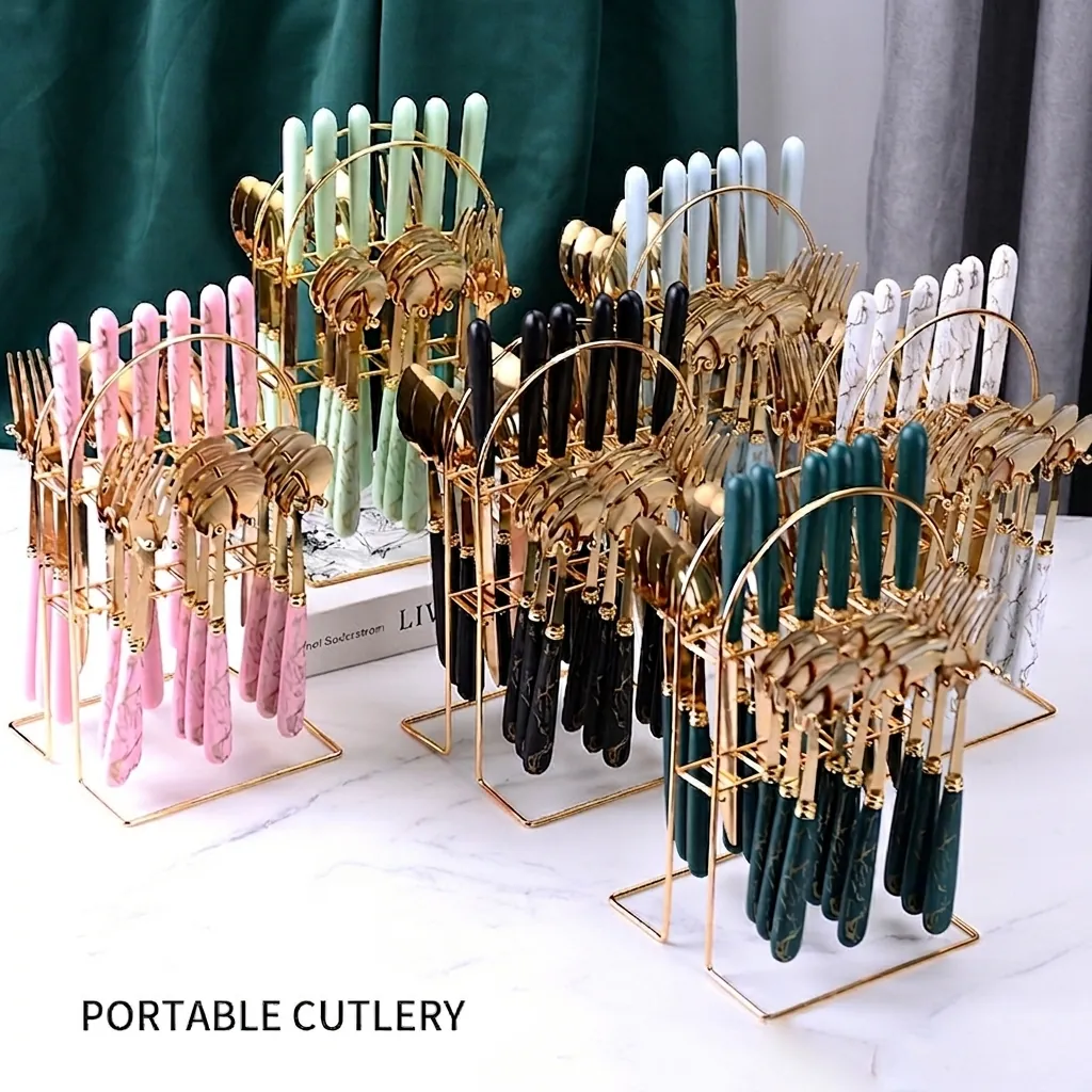 Golden Stainless Steel Cutlery Knife Fork And Spoon With Marble Texture Ceramic Handle Luxury Tableware For Home Restaurant
