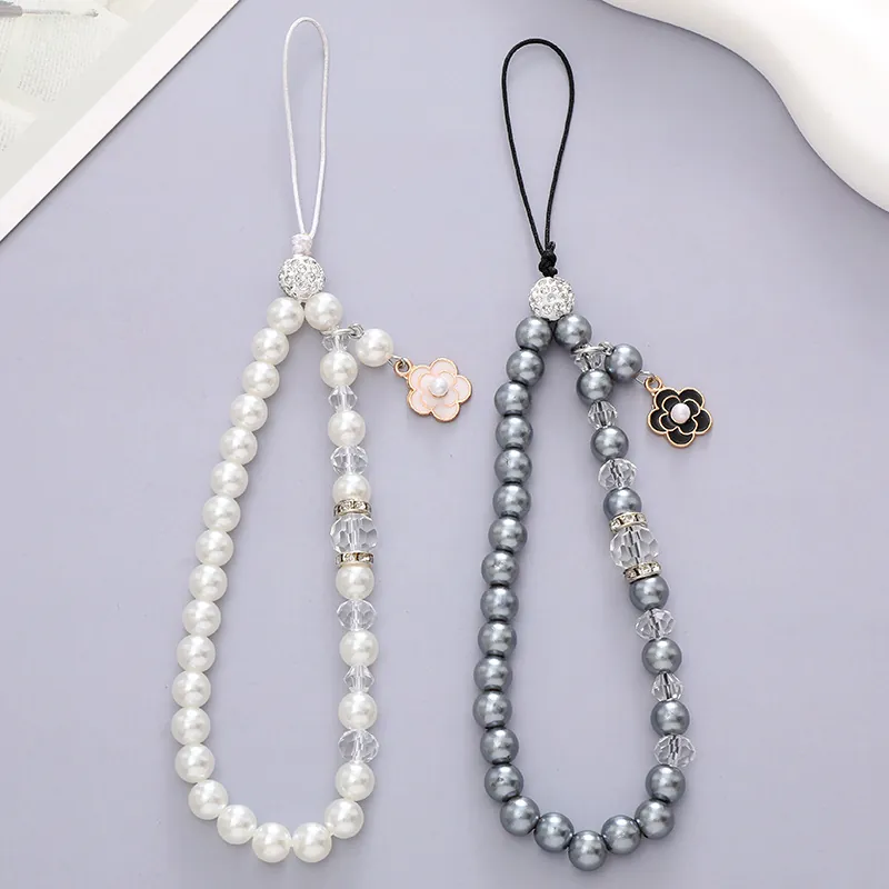 Chaîne de Téléphone Perles Artificielles Mode Pendentif Fleur Camélia Dragonne Strass Accessoire Anti-chute pour Mobile