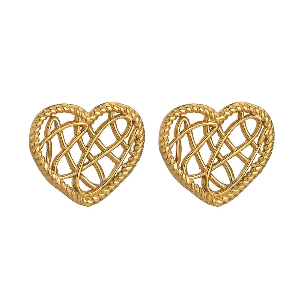 Stainless Steel Heart Bowknot Earrings Hollow Out Textured Vintage Minimalist Stud Jewelry For Women