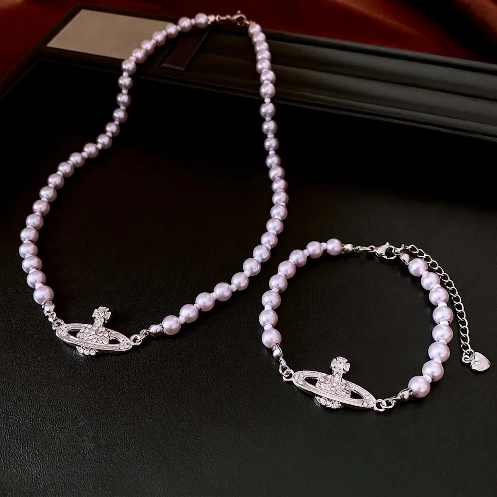 Fashion Saturn Orb Pendant Necklace And Bracelet Faux Artificial Pearl Beaded Rhinestone Jewelry For Women