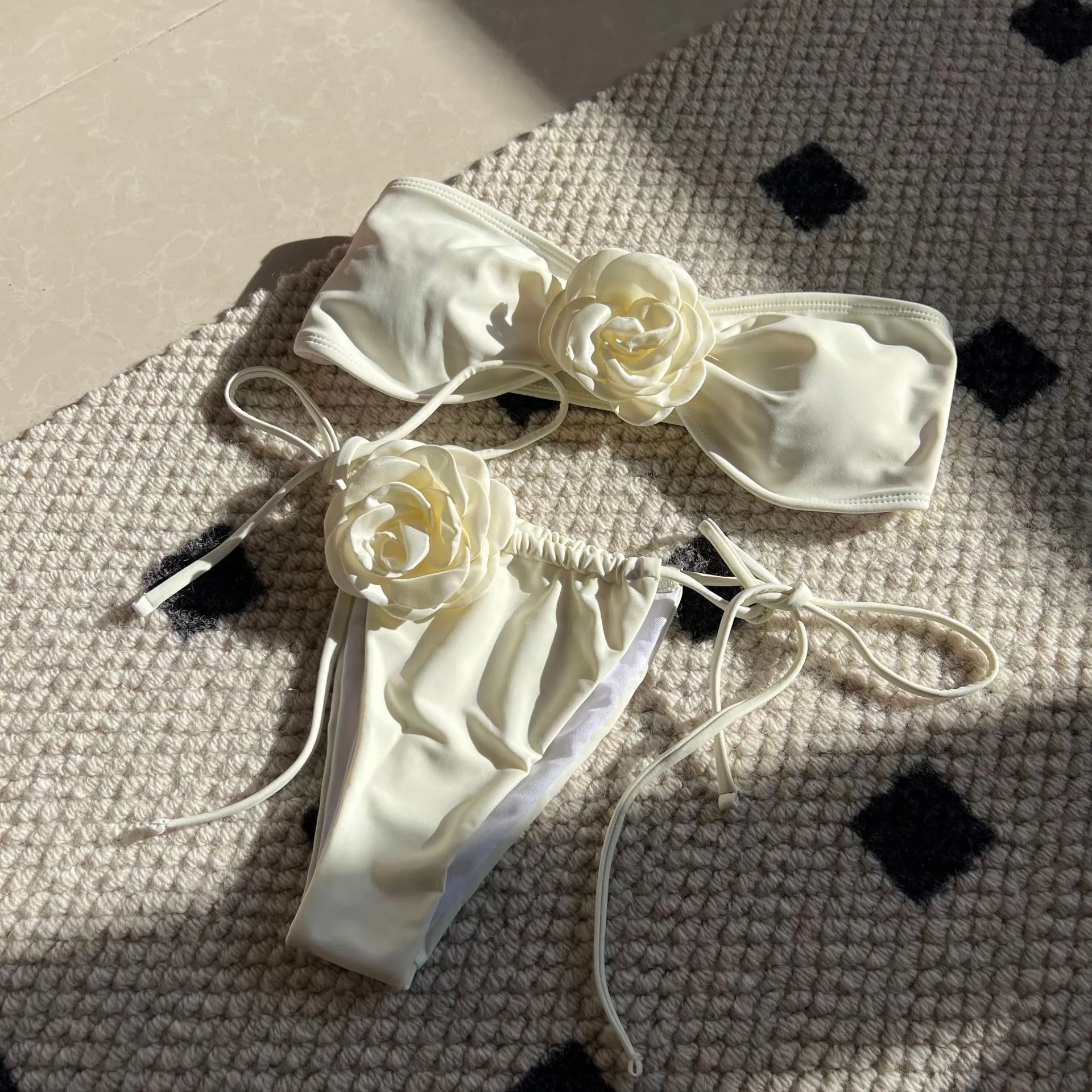 Women Bikini Set Swimsuit Polyester Spandex 3D Rose Flower Bandeau Top Side Tie Bottom Sexy Elegant Holiday Swimwear