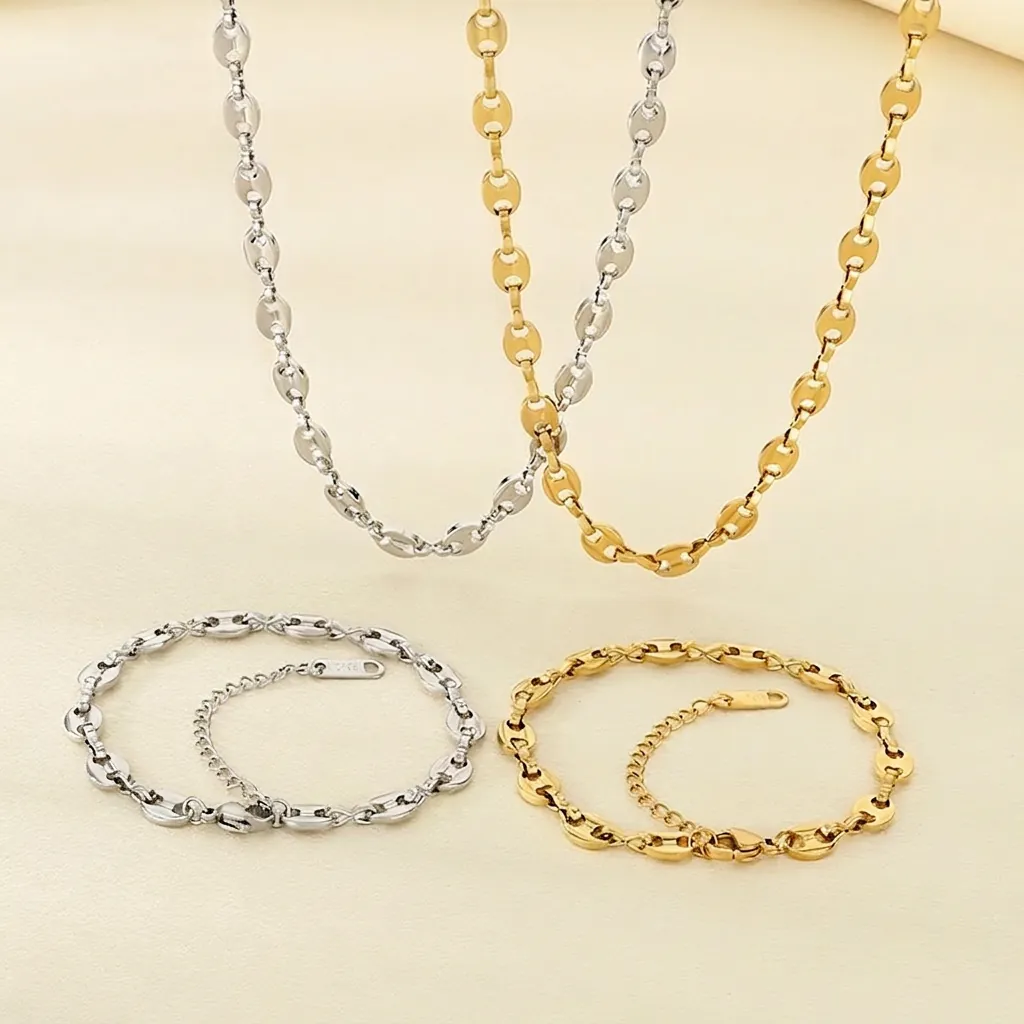 Bijoux Chaîne Grain De Café Groin De Porc Acier Inoxydable Plaqué Or 18K Collier Et Bracelet Pour Femme Mode Minimaliste