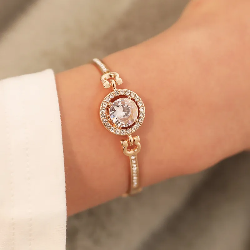 Fashion Alloy Bracelet Women Round Cubic Zirconia Halo Horseshoe Buckle Adjustable Bangle Elegant Jewelry Gift