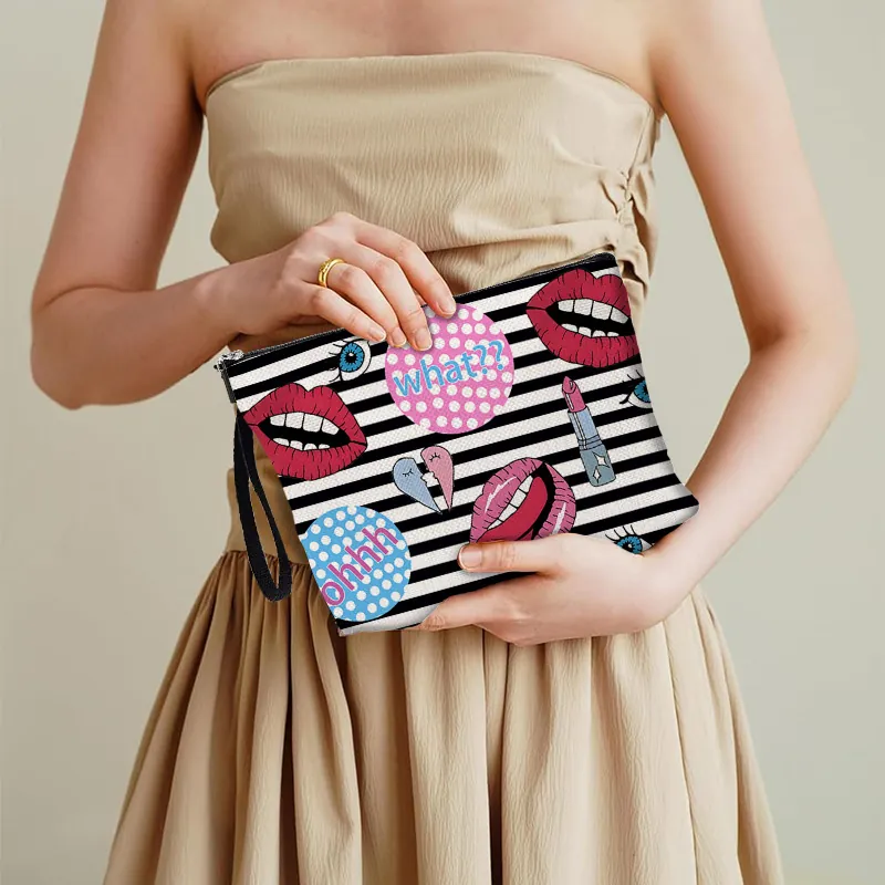 Cosmetic Bag Linen Blend Striped Lip Print Large Capacity Zippered Toiletry Pouch Travel Organizer With Wrist Strap For Women