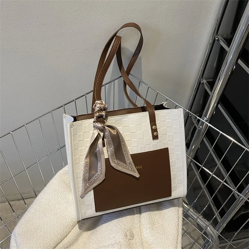 Women Tote Bag Checkered Texture PU Leather With Satin Scarf Contrast Color Large Capacity Shoulder Handbag Fashion