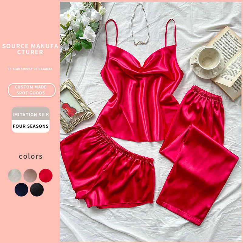Pyjama Femme Haut À Bretelles Short Et Pantalon Satin Imitation Satin Sexy Soyeux Vêtements De Nuit Doux Respirant