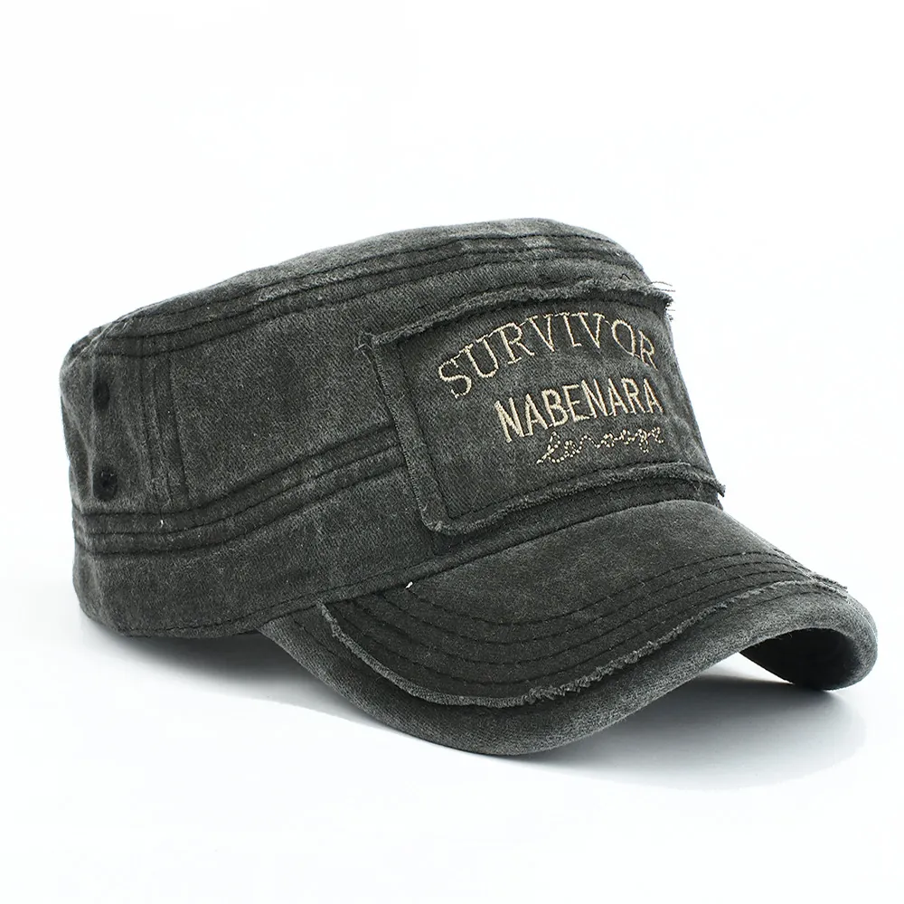 Vintage Washed Cotton Cadet Cap For Men Women Distressed Military Hat Embroidered Patch Adjustable Flat Top Baseball Cap Sun Shading Outdoor Sport Headwear
