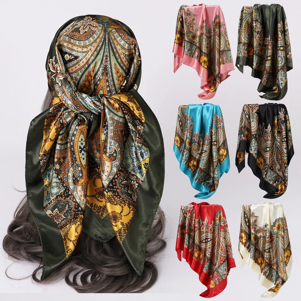 Vintage Paisley Floral Print Satin Square Scarf Satin Feel Headscarf Bandana For Women Versatile Fashion Shawl