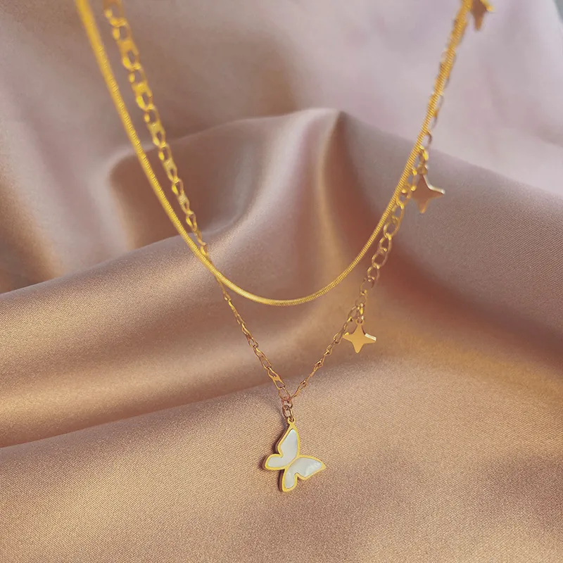 Layered Stainless Steel Butterfly Star Necklace For Women Gold Double Layer Snake Chain Alloy Pendant Sweet Elegant Jewelry