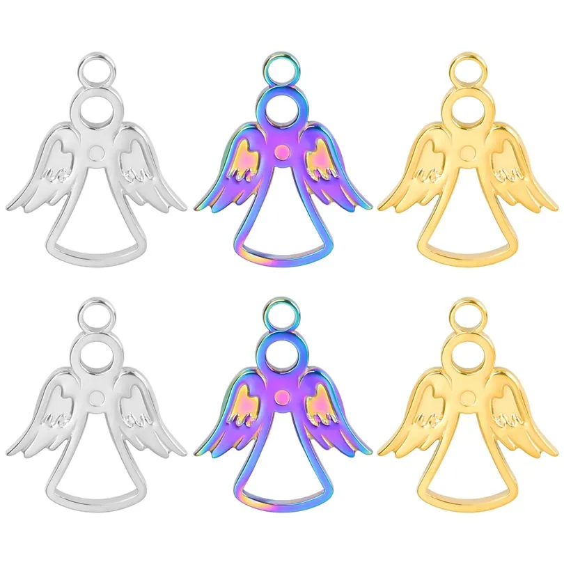 Angel Pendant Necklace Stainless Steel 18K Gold Plated Hollow Heart Wing Rainbow Colorful Polished Fashion Women Jewelry