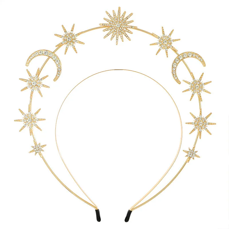Baroque Celestial Sun Goddess Halo Headband Double Layer Star Moon Alloy Rhinestone Hair Accessory Women Party