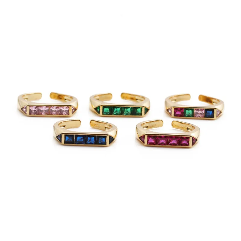 Bague Géométrique Zircon Colorée Plaquée Or Cuivre Micro Pavé Cristal Carré Réglable Bijoux Femmes