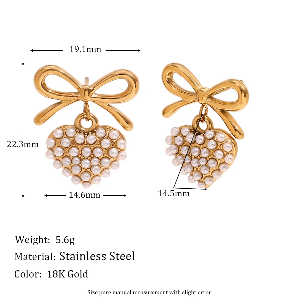 Stainless Steel Bowknot Heart Pendant Stud Earrings With Faux Artificial Pearl Elegant French Retro Gold Plated Jewelry For Women