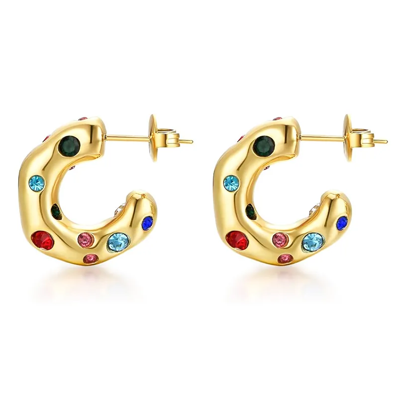 Gold Plated Titanium Steel C Shape Hoop Earrings With Silver Earring Post And Zircon Retro Women Fashion Jewelry