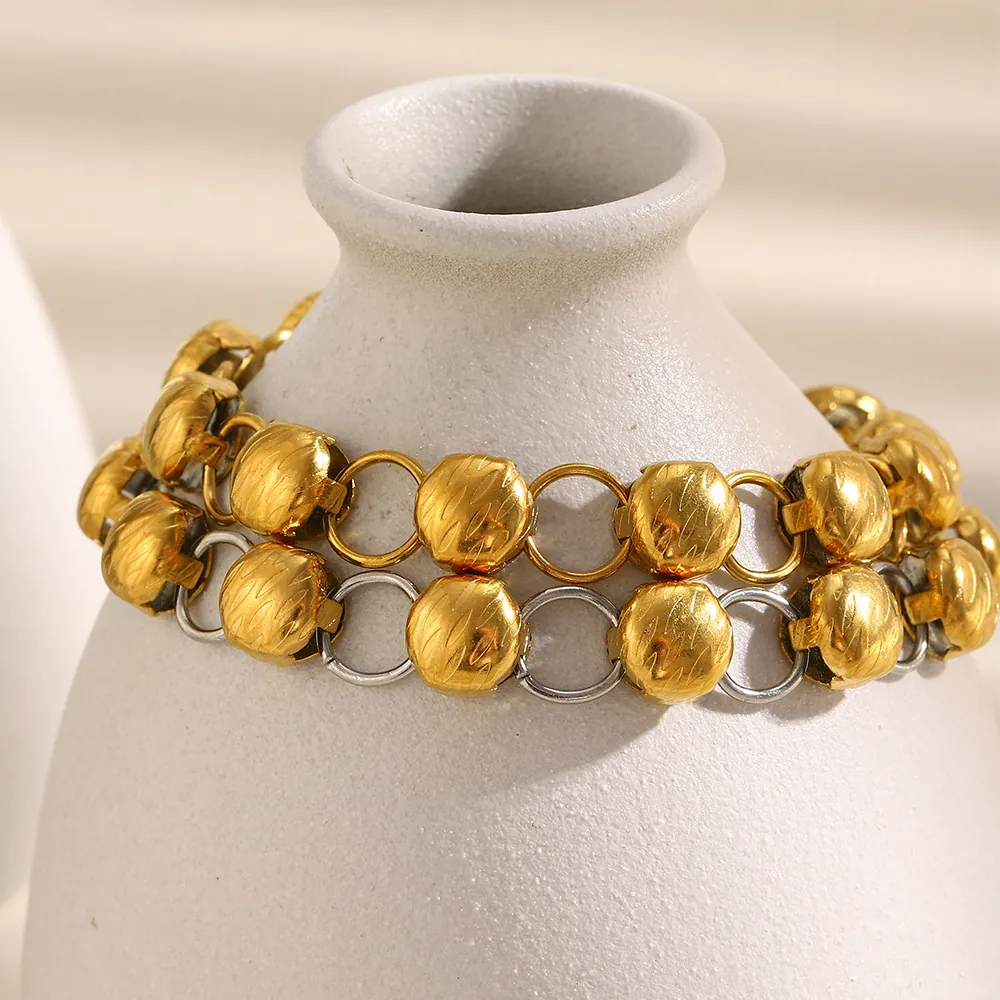Edelstahl Armband 18K Vergoldet Strukturierte Runde Perle Kette Für Damen Minimalistischer Eleganter Schmuck