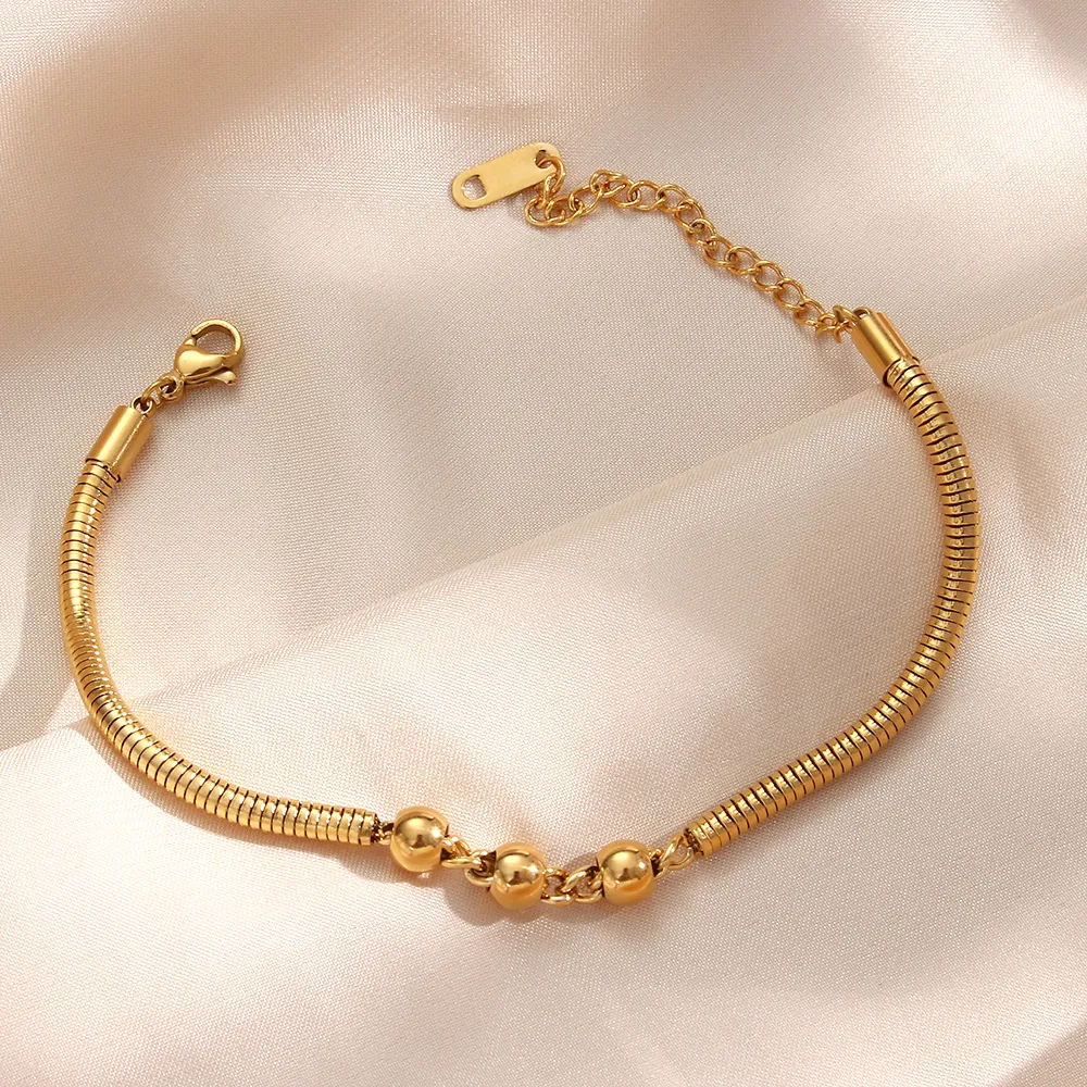 Minimalist Stainless Steel Snake Chain Jewelry Set Gold Plated Metal Bead Pendant Necklace And Bracelet For Women Fashion Jewelry