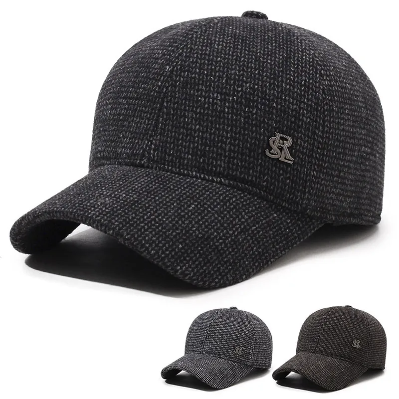 Men Winter Woolen Baseball Cap With Ear Protection Warm Windproof Cotton Blend Adjustable Vintage Dad Hat