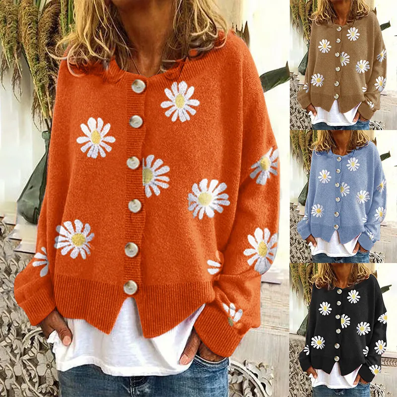 Women Knit Cardigan Sweater Daisy Floral Embroidery Acrylic Nylon PBT Blend Button Down Long Sleeve Casual Vintage Outerwear