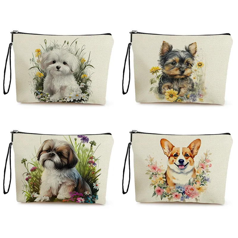Watercolor Dog Floral Print Makeup Bag Polyester Fine Linen Zippered Travel Cosmetic Pouch Toiletry Storage Wristlet For Women