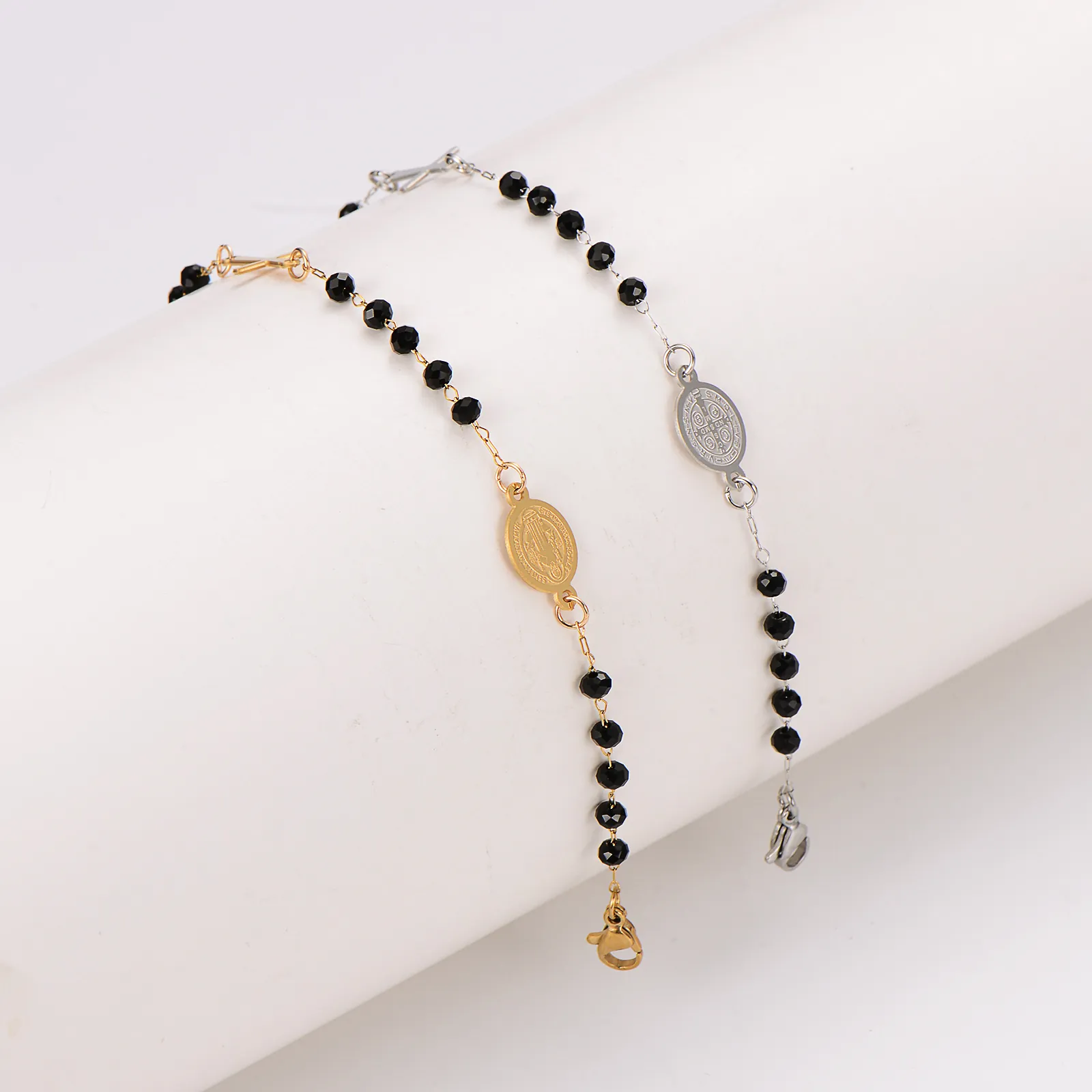 Rosary Bracelet 304 Stainless Steel Black Beads St Benedict Medal Cross Charm Religious Jewelry For Men Women