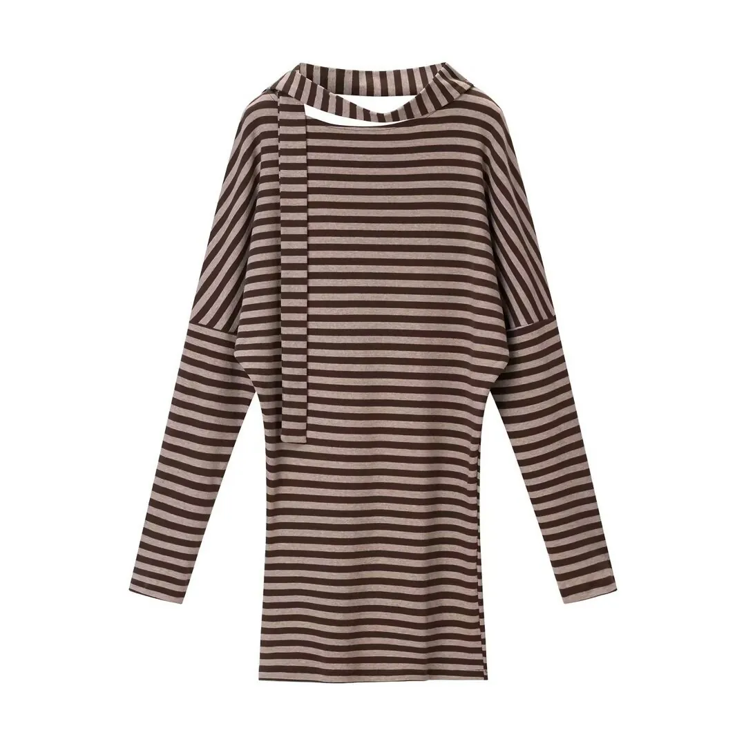 Vestido de Punto de Manga Larga a Rayas Casual para Mujer Con Detalle de Bufanda Elegante Hombro Inclinado Corte Holgado Mini Vestido Marrón Beige