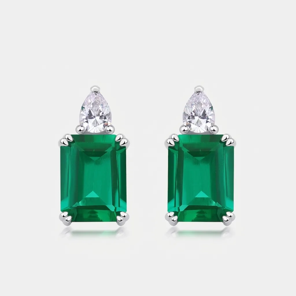 Vintage Lab-Grown Emerald Stud Earrings With 925 Sterling Silver Earring Post Emerald Cut Green Gemstone Pear Shape Zircon