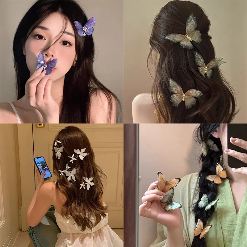3D Butterfly Hair Clips Elegant Fabric Embroidery Metal Rhinestone Tassel Artificial Pearl Hairpins Fairy Style Women Girls Headwear