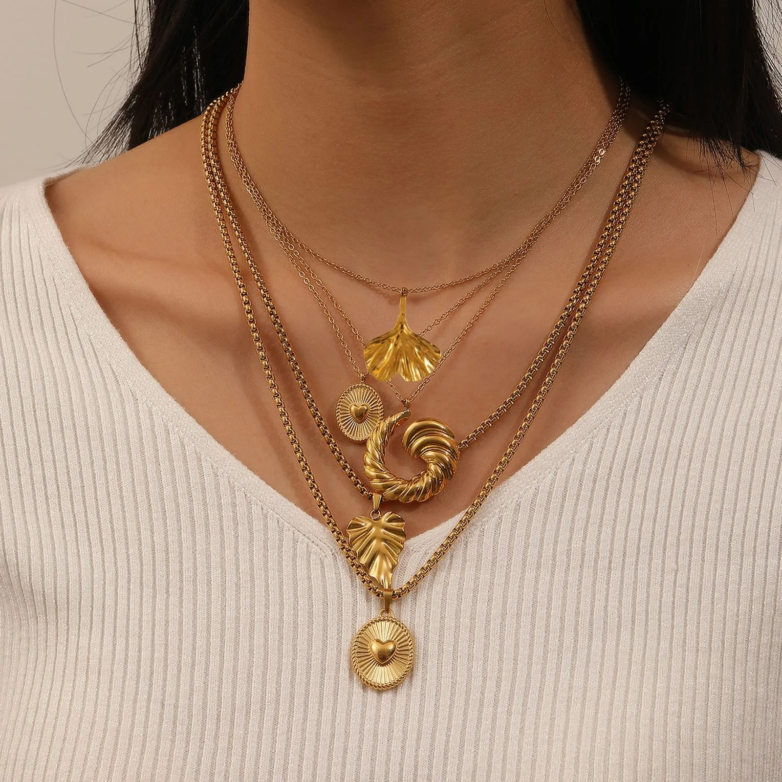 Collana Con Ciondolo In Acciaio Inossidabile Placcato Oro Foglia Di Ginkgo Cuore Conchiglia Gioielli Da Donna Stile Elegante