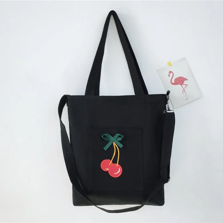 Canvas Tote Bag Women Shoulder Crossbody Handbag Kawaii Fruit Embroidery Casual Travel Shopping Bag For Girls Students