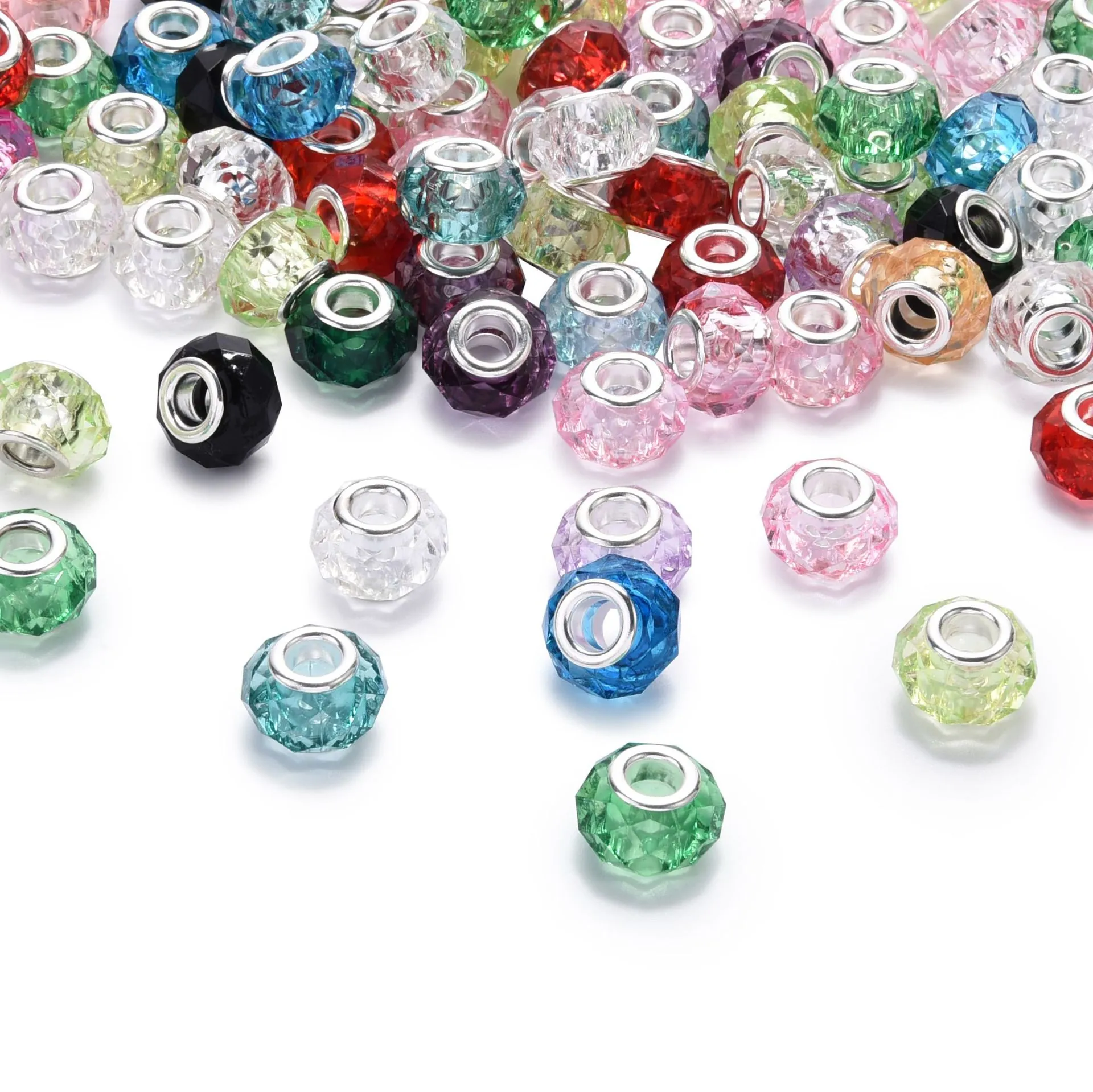 Faceted Acrylic Beads Large Hole Metal Inner Ring For DIY Bracelet Jewelry Making Wheel Shape Transparent Colorful Loose Beads