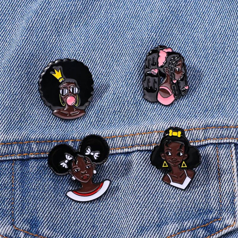 Cartoon Black Girl Enamel Brooch Pin Alloy Afro Hair Hip Hop Style Fashion Jewelry For Clothing Backpack Decor