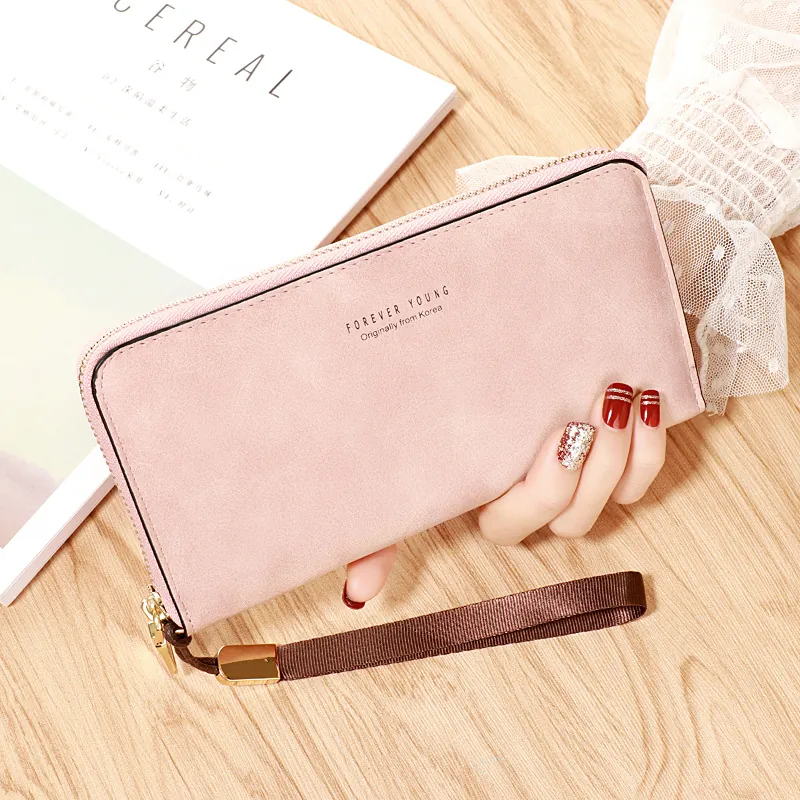 Women Long Wallet Matte PU Leather Large Capacity Zip Purse Multi Card Slots Clutch With Wrist Strap Vintage Style Ladies