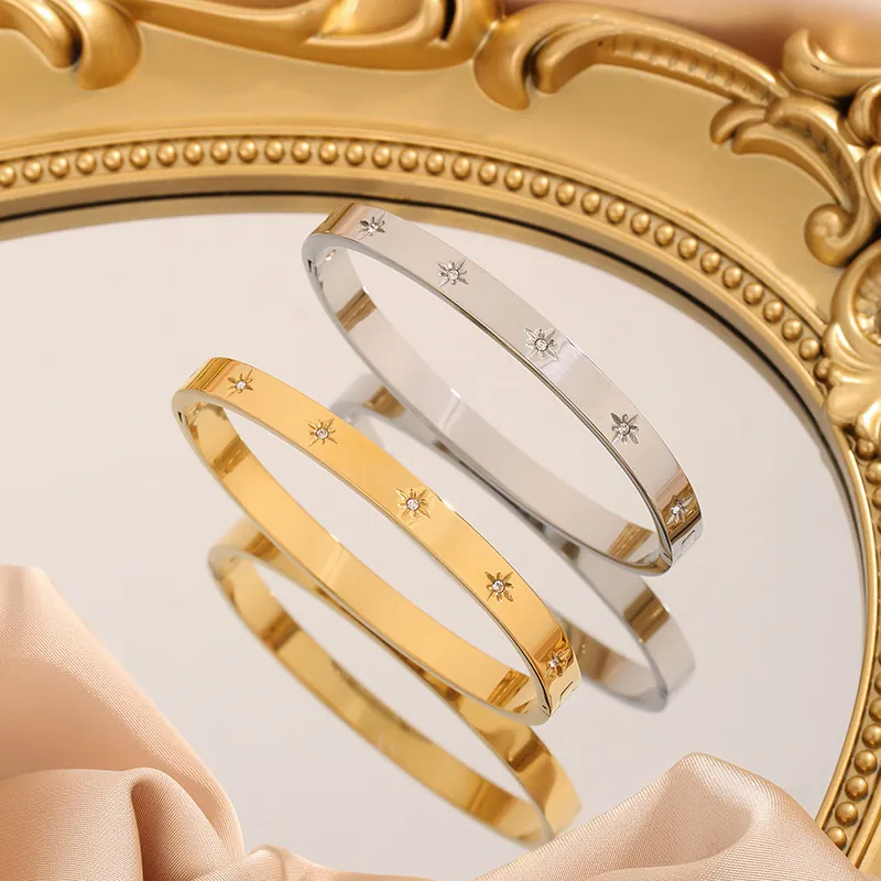 Stainless Steel Bangle For Women Zirconia Star Engraved Buckle Clasp Bracelet Polished Chic Jewelry Gift