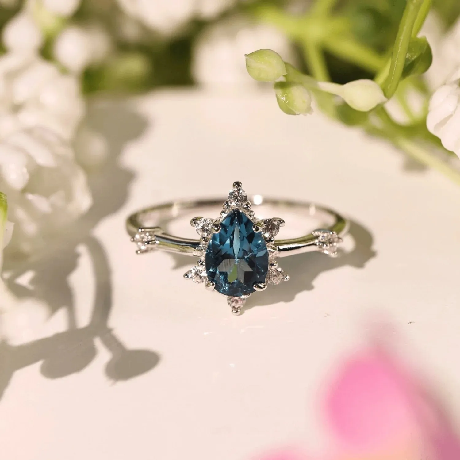 Pear Shaped Blue Gemstone Ring 925 Sterling Silver Halo Teardrop Vintage Elegant Jewelry For Women