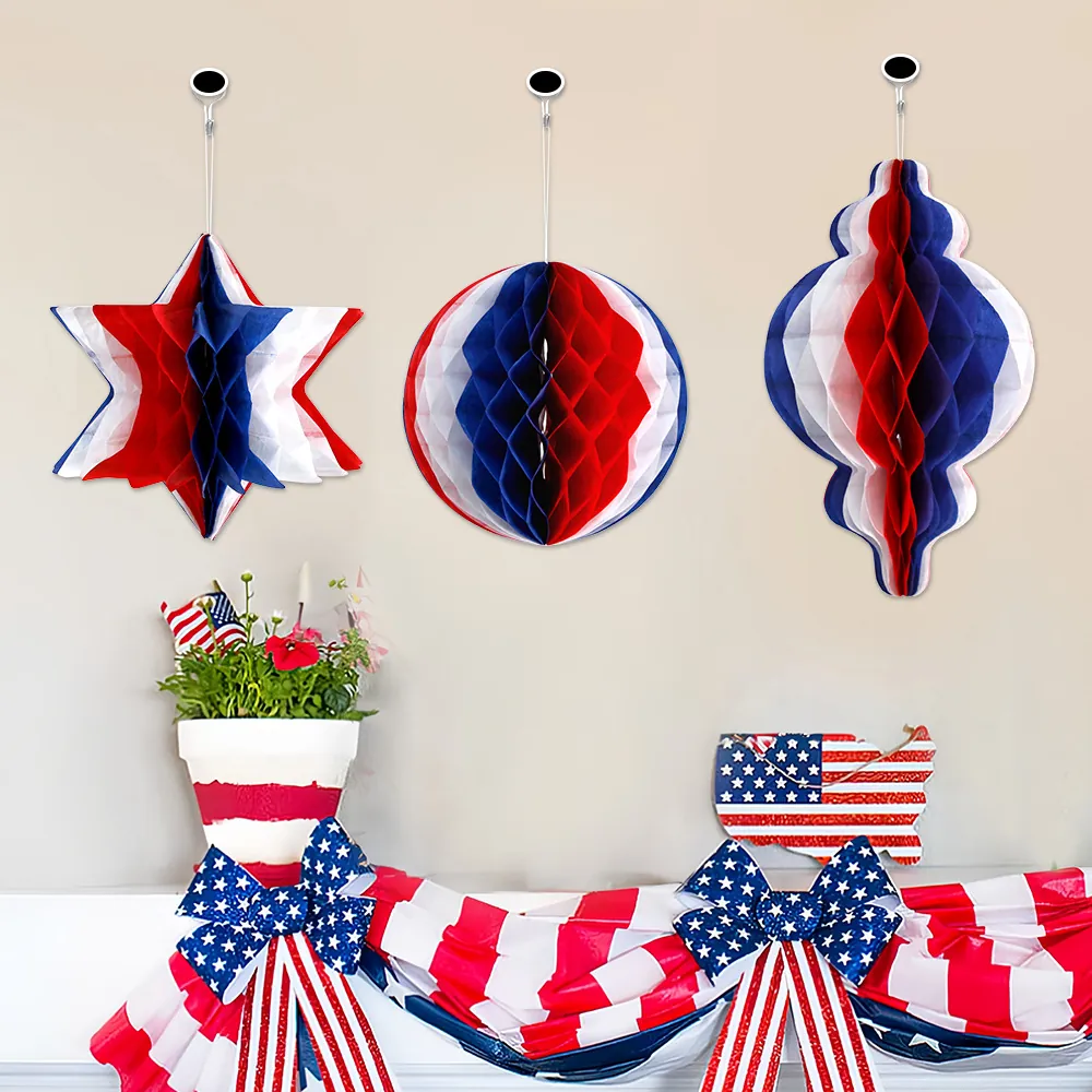 Patriotic Red White Blue Paper Honeycomb Ball Decorations Independence Day Party Hanging Ornaments Fourth Of July Celebration Decor