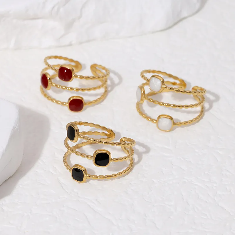 Multi-Layer Geometric Open Ring Stainless Steel 18K Gold Plated Square Enamel Simple Fashion Jewelry For Women