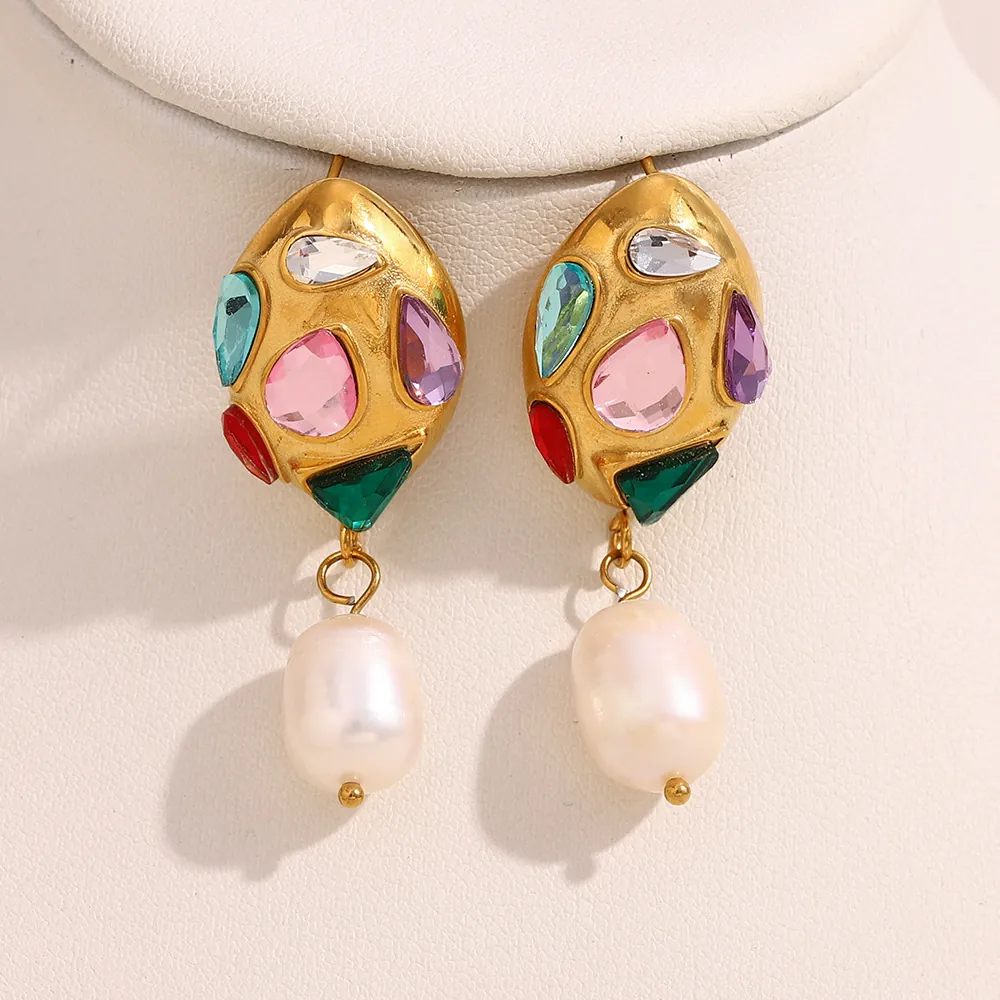 Orecchini Pendenti Con Künstliche Perle Barocche Acciaio Inossidabile Placcato Oro 18K Con Zircone Colorato Per Donna