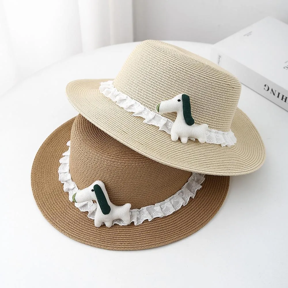 Kids Girls Straw Boater Hat Woven Sun Protection Breathable With White Lace And Cute Stuffed Puppy Ornament