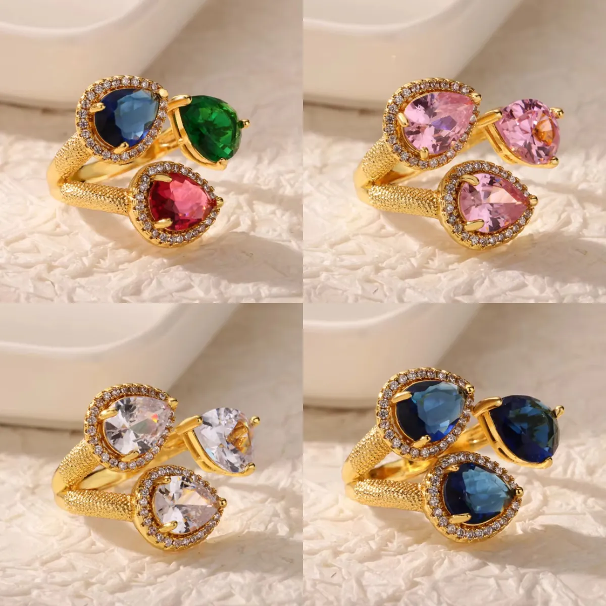 Retro Luxus Kupferring Offen Mit Strass In Birnenform Damen Vintage Gold Silber Beschichtet Strukturierte Ringschiene Schmuck