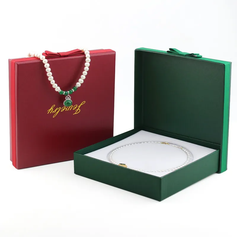 Velvet Paper Jewelry Packaging Box Square Necklace Storage Gift Case With Ribbon Bow Knot Bag For Wedding Anniversary