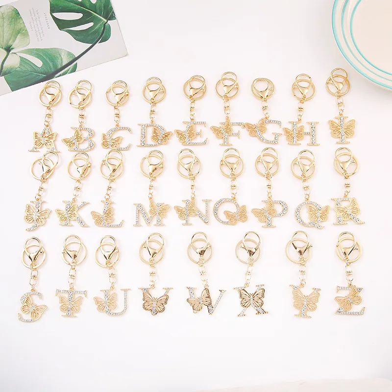 Alphabet Letter Keychain With Butterfly Gold Tone Alloy Rhinestone Inlaid Sparkly Bag Charm Luxury Creative Gift Women