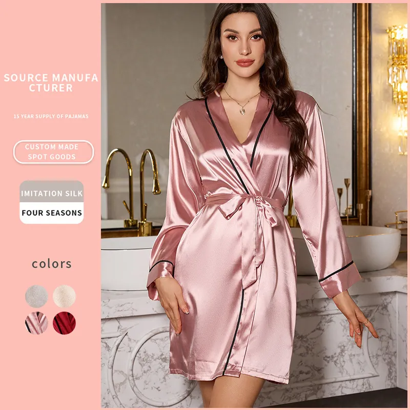 Women's Satin Robe Long Sleeved Imitation Satin Nightgown Contrast Piping Belted Sleepwear Loungewear