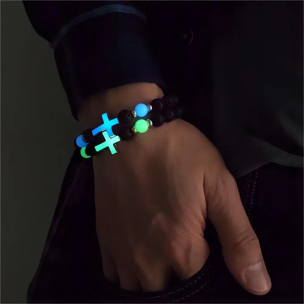 Leuchtendes Kreuz Perlenarmband Vulkanischer Lavastein Im Dunkeln Leuchten Elastischer Schmuck