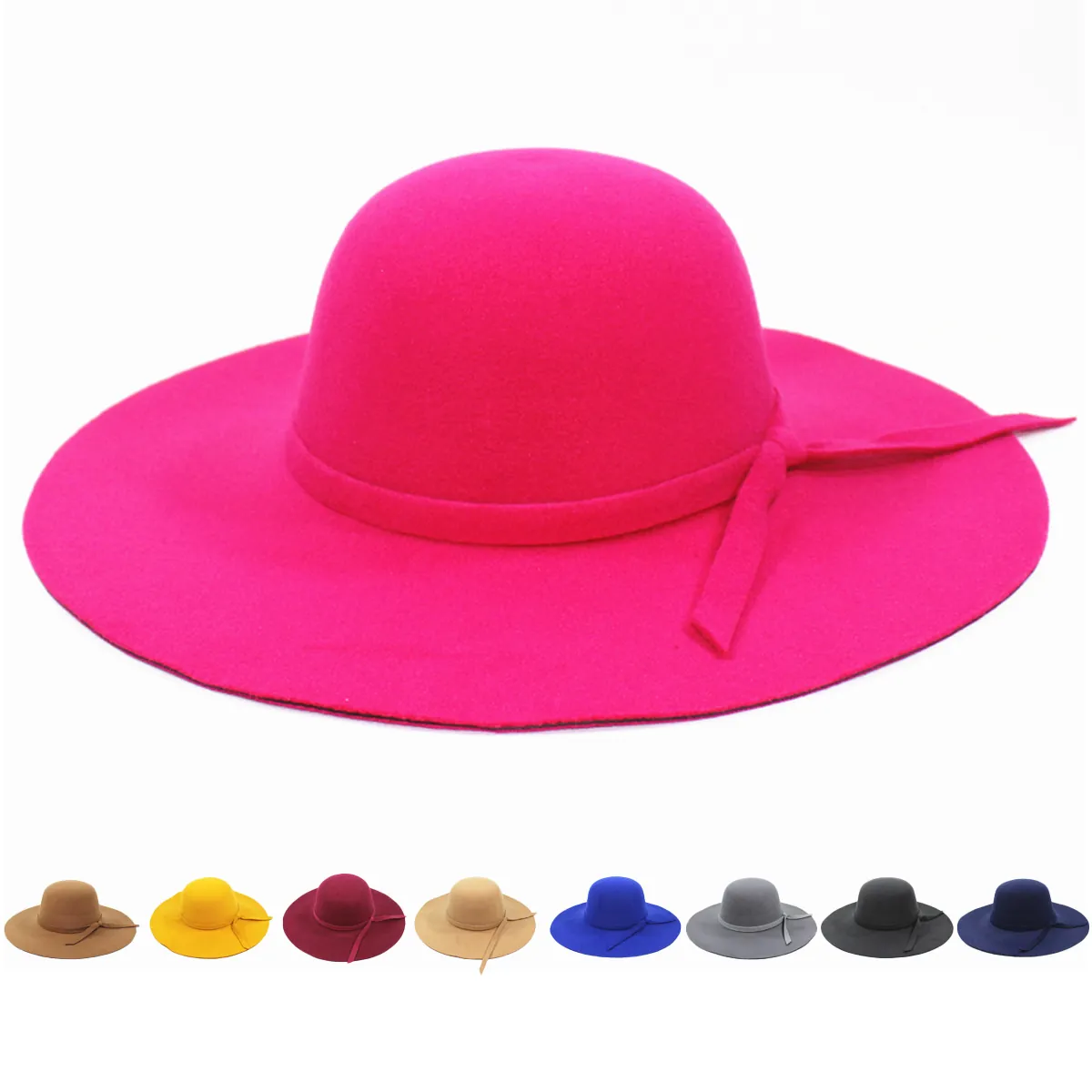 Women Wide Brim Woolen Felt Hat Round Dome Sun Protection Elegant Ribbon Bow Winter Fedora